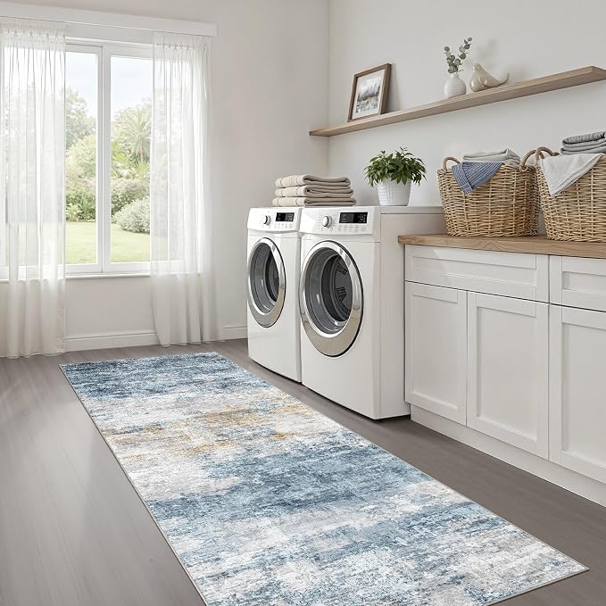 Runner Rug Non-Slip Kitchen Rug: 3x8 Washable Abstract Modern Soft Stain Resistant Indoor Floor Neutral Accent Throw Carpet for Hallway Bathroom Laundry Room Bedroom Entryway- Blue Gold