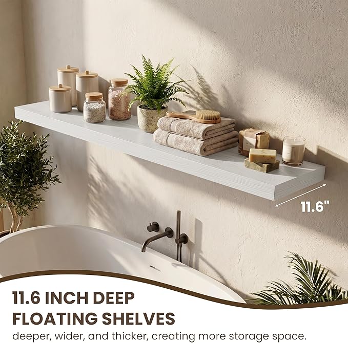 Acovy 24 Inch Floating Shelves for Wall,12" Deep Floating Shelf Set of 2 with Invisible Brackets,Rustic Farmhouse Wall Mounted Shelf for Kitchen,Bathroom,Living Room,Bed Room,White