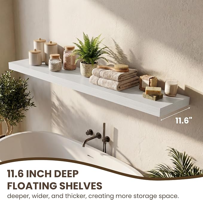 55 Inch Floating Shelves for Wall,12 Inch Deep Wall Shelves for Bathroom,Living Room,Bedroom,Kitchen,Decor,Floating Shelf with Invisible Heavy Duty Metal Bracket,Deep Long Shelf Wall Mounted,White