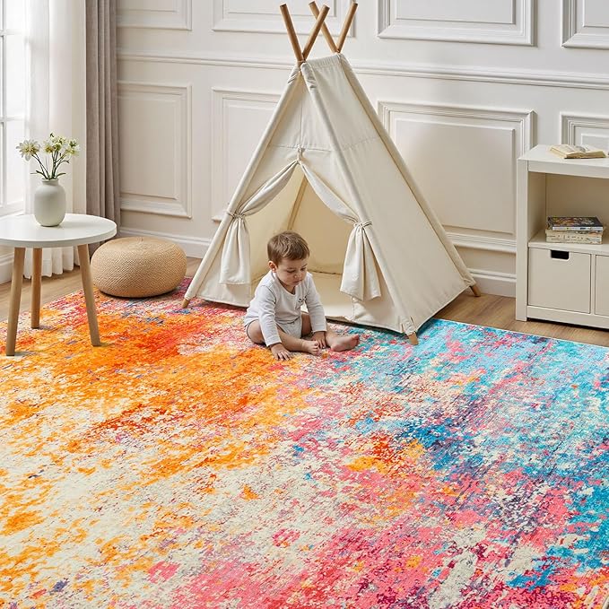 Rugflix 10x12 Area Rugs for Living Room, Washable Large Multicolor Rug Stain-Resistant Low Pile, Modern Carpet for Dining Room Home Office Kid Room Nursery Bedroom, Colorful Rainbow