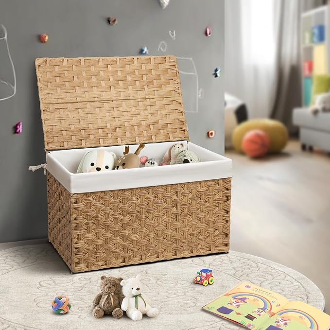 Wicker Storage Basket with Lid, 52.8 Gallon (200L) Large Blanket Basket with Lid, Woven Storage Bin with Handles, Removable Liner, Metal Frame, Foldable, for Bedroom, Laundry Room, Natural