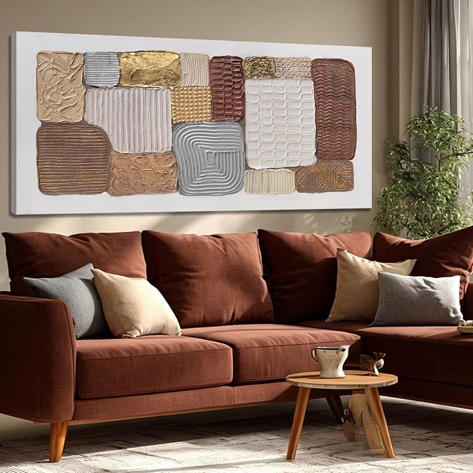 Dolidoteart Abstract Canvas Wall Art, Oversized Earth Tone Geometric Wall Decor Print, Neutral Brown Beige Gold Horizontal Artwork for Living Room Dining Room Office, 28x59 Inch