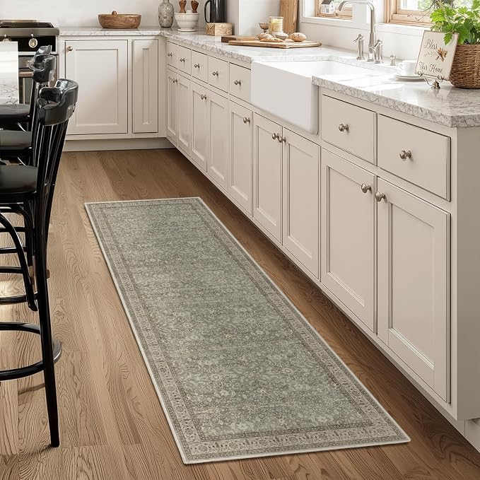 Neutral 2x6 Washable Runner Rug Non Slip, Transitional Modern Faromhouse Carpet Runners for Hallway Kitchen 6ft, Low Pile Ultra Thin Print Entryway Runner for Bathroom Bedroom, Gray/Beige/Olive