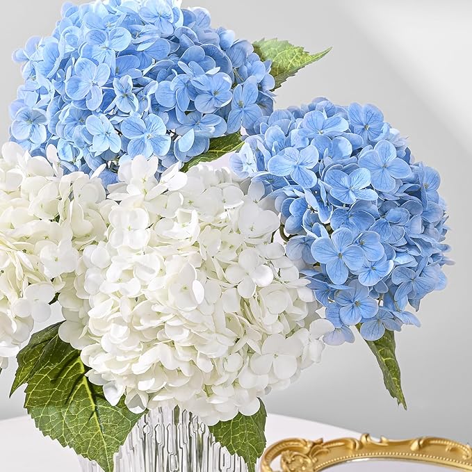 MARTINE MALL 4Pcs 21in Hydrangea Artificial Flowers, Latex Real Touch Hydrangeas Lifelike Large Hydrangea Flowers for Home Decor Party Arrangements Wedding Bouquets Centerpieces (2 White & 2 Blue)