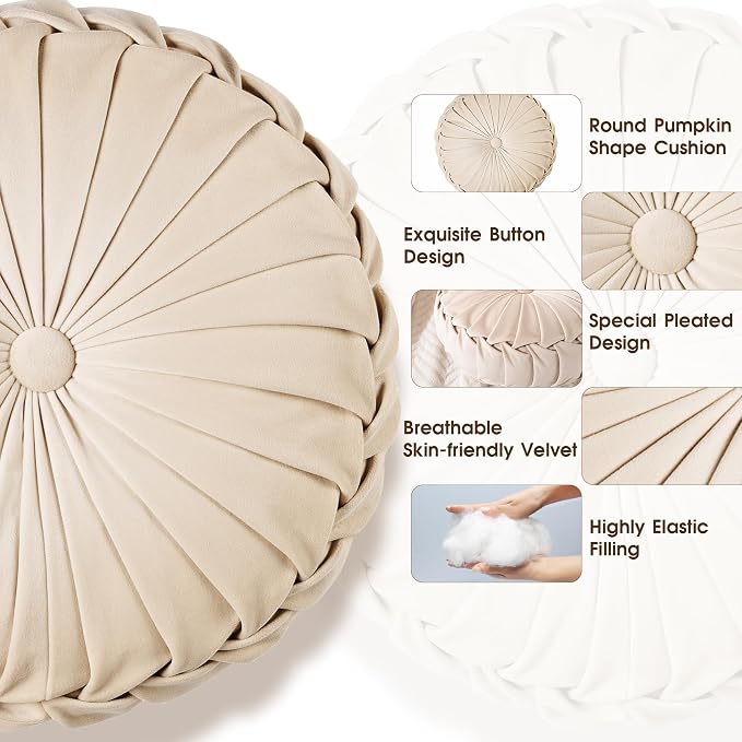 ROSE&RISY Round Pleated Velvet Throw Pillows, 2 Pack Decorative Accent Pumpkin Pillow Cushion for Couch Sofa Bed, Soft Plush Retro Vanity Throw Pillows for Home Decor, 14.5 Inch, Cream