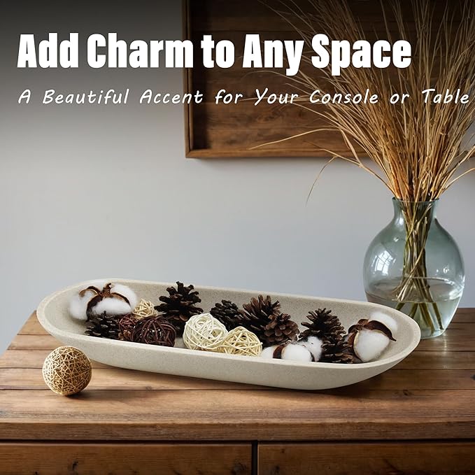 Long Decorative Bowl for Centerpiece, Dough Bowl for home decor 16" Beige | Minimalist Design Dough Bowl Decor for Coffee Table and Dining Table Centerpiece. Clutter Organizer with Anti-Slip Base