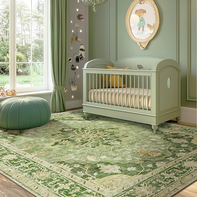 RELEANY Area Rugs 6'x9' Washable Non-Slip, Floral Vintage Distress Print Pattern Medallion Carpet for Living Room Bedroom Dining Room, Sage Green Yellow
