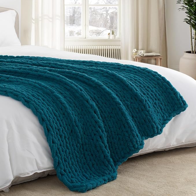 Chunky Knit Throw Blanket 60x80, 100% Handmade Chenille Yarn | 6.7lbs Soft Thick Cable Knitted Blankets, Large Rope Knot Crochet Throws for Couch Sofa Bed Machine Washable, Lyons Blue