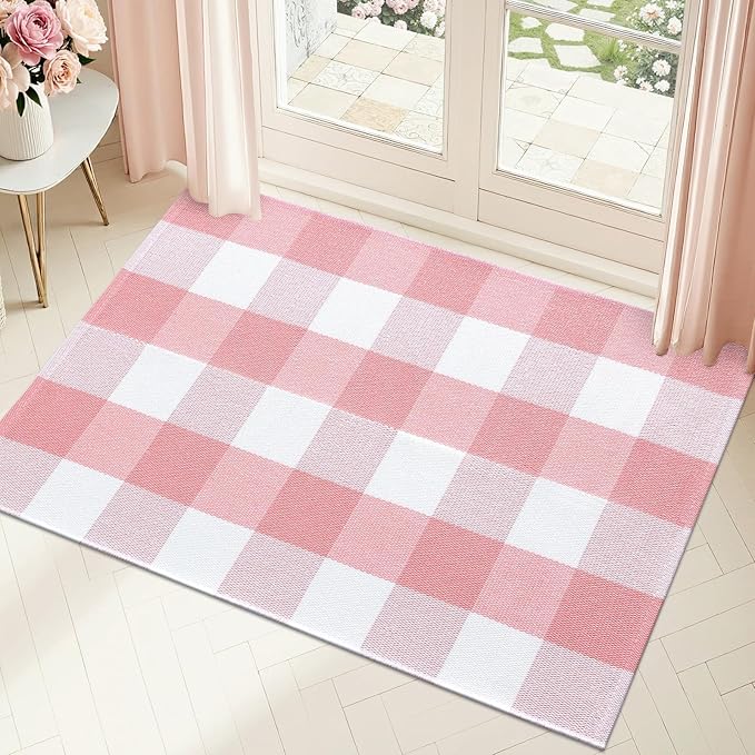 OLANLY Buffalo Plaid Rug 2'4" x 3'7" (27.5" x 43") – Pink and White Cotton Checkered Doormat, Washable Indoor Outdoor Rug for Layered Front Porch, Kitchen, Entryway Decor