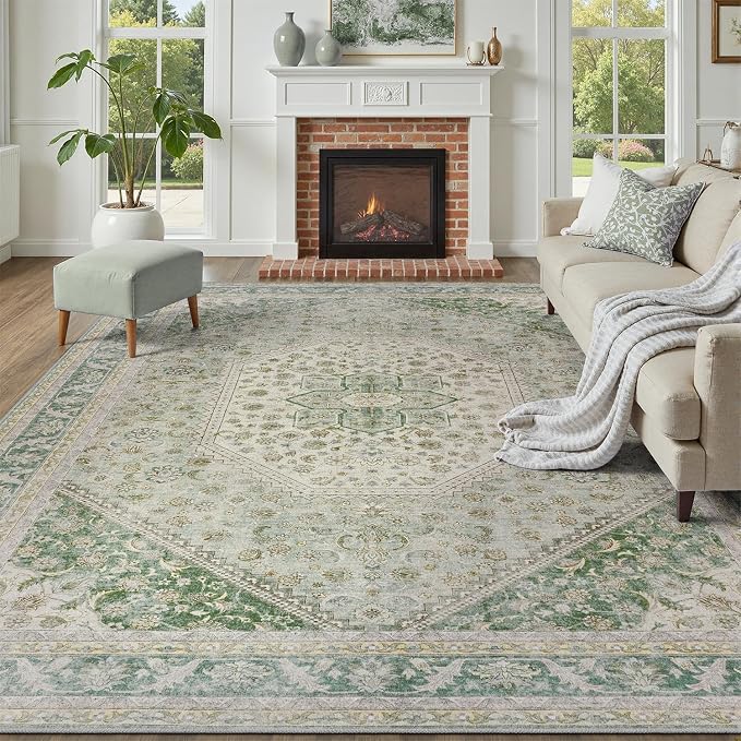 DCX Green 8x10 Area Rug, Machine Washable Non Slip Stain Resistant Vintage Rug for Living Room, Bedroom, Playroom, Soft Low Pile Large Nursery Carpet