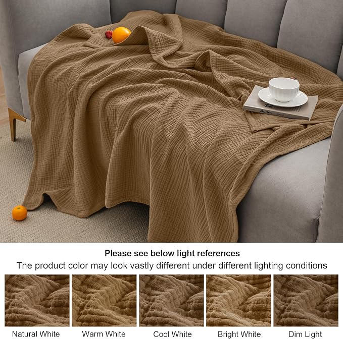 PHF 100% Cotton Muslin Blanket King Size 108"x90", 4-Layer Lightweight Gauze Throw, Breathable Cloud-Soft Minimalist Blanket for Bed, Couch, Camping & Baby, Coco Brown, Ideal Gift