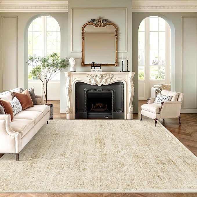 Soalmost Washable Area Rug 10x14, Large Soft Rugs for Living Room Vintage Beige Rug 10x14 Area Rugs for Bedroom Dining Room Floral Non-Slip Thin Rug