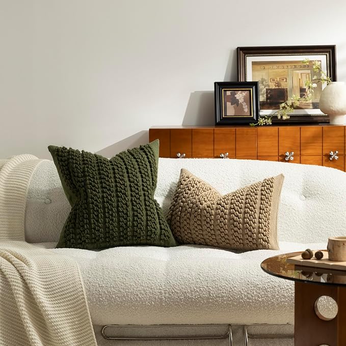 DEZENE Wool Boucle Throw Pillow Cover Premium Chic Accents Square Textured Decorative Pillow Case for Living Room Couch Sofa Home Decor 18"x18" Olive Green Christmas