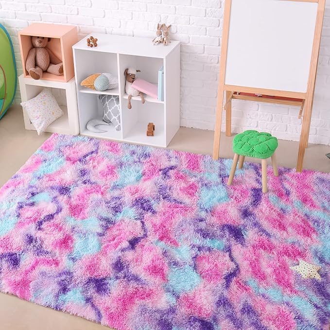 AROGAN Soft Rainbow Area Rugs for Girls Room 5x8 Feet, Fluffy Girls Bedroom Rugs, Princess Rug, Cute Colorful Carpet for Kids Teens Nursery Toddler, Hot Pink