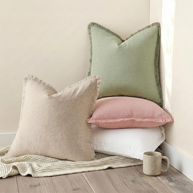 decorUhome Summer Decorative Neutral Linen Fringe Euro Sham Throw Pillow Covers Set of 2 Natural Beige Pillow Covers with Tassels Soft Farmhouse Boho Accent Pillow Cases for Couch Bed Sofa 26x26 Inch