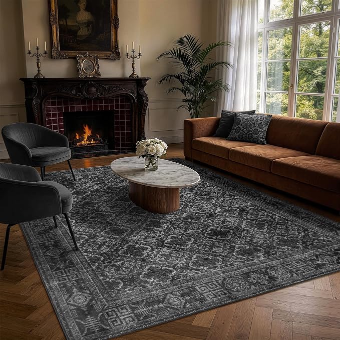 LIANLAM 5x7 Washable Area Rug, Vintage Boho Traditional Pattern, Non-Slip Stain Resistant Rug for Living Room Bedroom(5x7,Black/Boho)