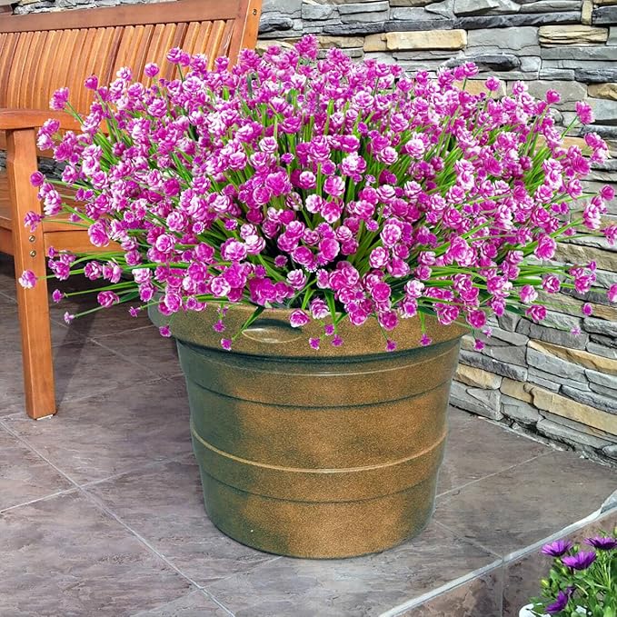 Ouddy Decor 24 Bundles Artificial Flowers for Outdoors UV Resistant Fake Plastic Plants Faux Greenery Stems for Spring Summer Indoor Garden Patio Window Kitchen Home Decor, Fuchsia