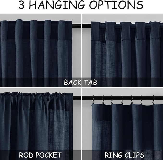 Nanspring Navy Blue Extra Long Curtain 102 inches Long 2 Panels Set for Living Room Back Tab Modern Farmhouse Coastal Decor Cotton Textured Blue Sheer Linen Curtains for High Window 52x102 Indigo