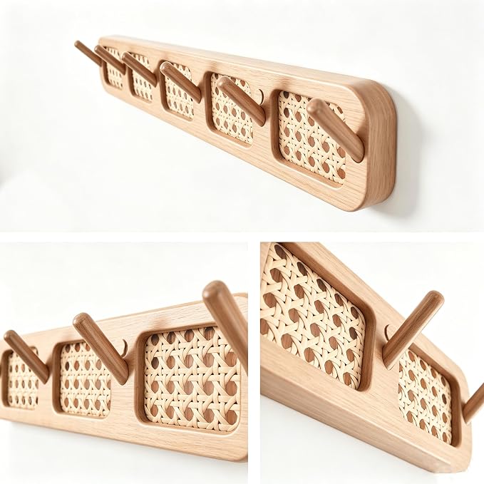 Coat Rack Wall Mount, Rattan Coat Hooks Hanger Wall Mounted | 6 Heavy Duty Bamboo Hooks Rack Rail for entryway Hanging Clothes Hats Bags Jackets Towels Plants,Natural