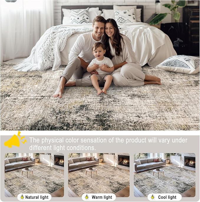 Area Rugs 10x12 Living Room - Washable Rug Modern Abstract Soft Large Neutral Non-Slip Carpet Indoor Floor Thin Carpets for Bedroom Dining Room Farmhouse Nursery Home Office Brown Black Grey
