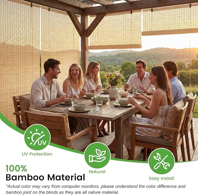 Bamboo Blinds, Easy to Install Bamboo Shades for Indoor Windows, Custom Sizes Roller Shades for Indoor Windows, Roll Up Blinds Indoor Outdoor Patio