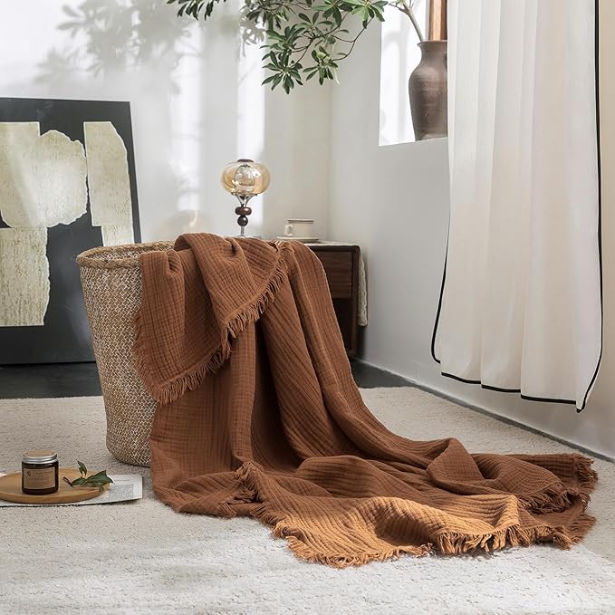 FOSSA Muslin Blanket 4-Layer 100% Cotton Gauze Blanket with Fringe 50"x70" | Super Soft Breathable Lightweight All Season & Decorative Blanket or Bed, Sofa, Office (Dark Orange,Throw XL)