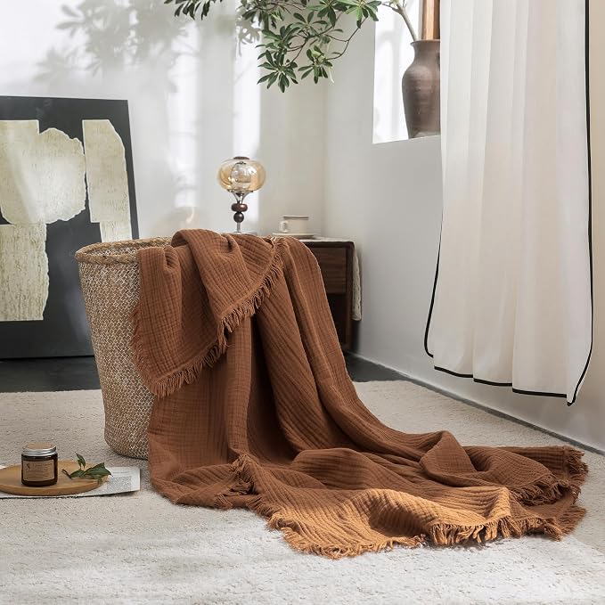 FOSSA Muslin Blanket 4-Layer 100% Cotton Gauze Blanket with Fringe 50"x60" | Super Soft Breathable Lightweight All Season & Decorative Blanket or Bed, Sofa, Office (Dark Orange,Throw)