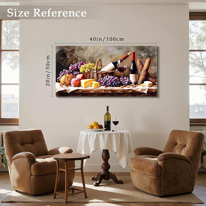 imjiayu Large Wall Art, Kitchen Wall Art, Wine Pictures Wall Decor, Framed Rustic Oil Painting Style Canvas Print, Grape Cheese Bread Still Life Wall Decor, Vintage Dining Room Home Bar Cafe Wall Art, 20"x40"