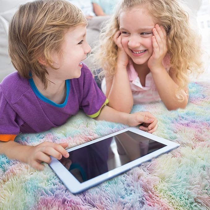 AROGAN 6x9 Feet Soft Rainbow Area Rugs for Girls Room, Fluffy Girls Bedroom Rugs, Princess Rug, Cute Colorful Carpet for Kids Teens Nursery Toddler, Pink