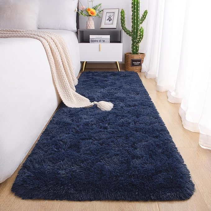 Chicrug Soft Runner Rugs for Bedroom Living Room Plush Fluffy Rug 3x8 Feet, Shag Furry Area Rug Carpet Non Shedding for Nursery Children Kids Girls Room Home Decorative, Navy Blue