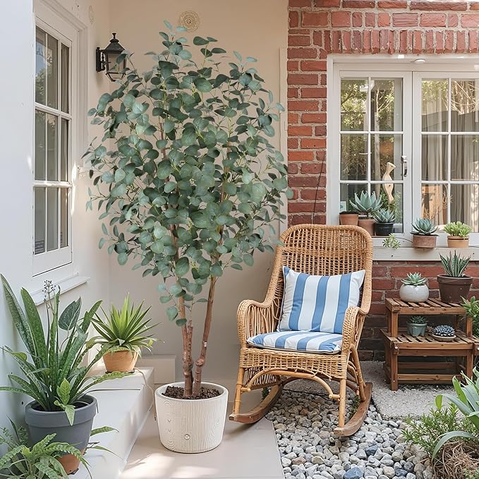 6FT Faux Eucalyptus Tree with White Pot, Artificial Eucalyptus Tree Indoor Plants with Silk Leaves Fake Eucalyptus Plant Fake Tree Faux Plants Indoor for Living Room Bedroom Office Home Decor