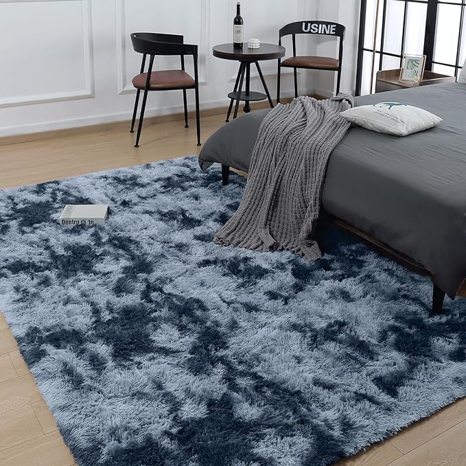 AROGAN Shag Carpets 2x8 Rug for Hallway, Washable Rugs Runners with Memory Foam for Bedroom, Entryway Indoor Fluffy Throw Rug for Beside Kids Girls Nursery Dorm, Blue and Grey