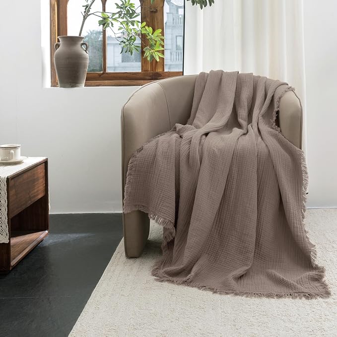 FOSSA Muslin Blanket 4-Layer 100% Cotton Gauze Blanket with Fringe 108"x98" | Super Soft Breathable Lightweight All Season & Decorative Blanket or Bed, Sofa, Office (Pale Brown,Super King)