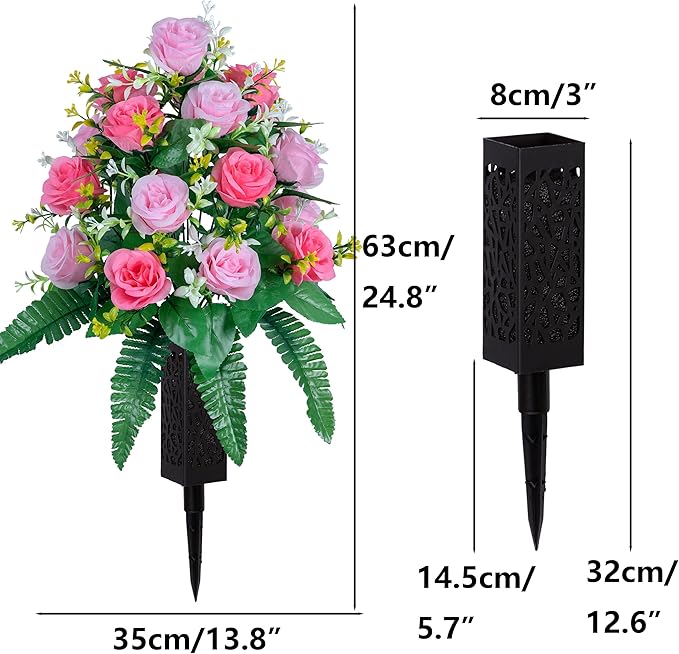 DONODA 2 Sets of Artificial Cemetery Flowers， Outdoor Grave Decorations Roses，Accompanied by 2 Long Nail Vases，Lasting and Non-Bleed Colors. (18 Heads (Pink+Light Pink))