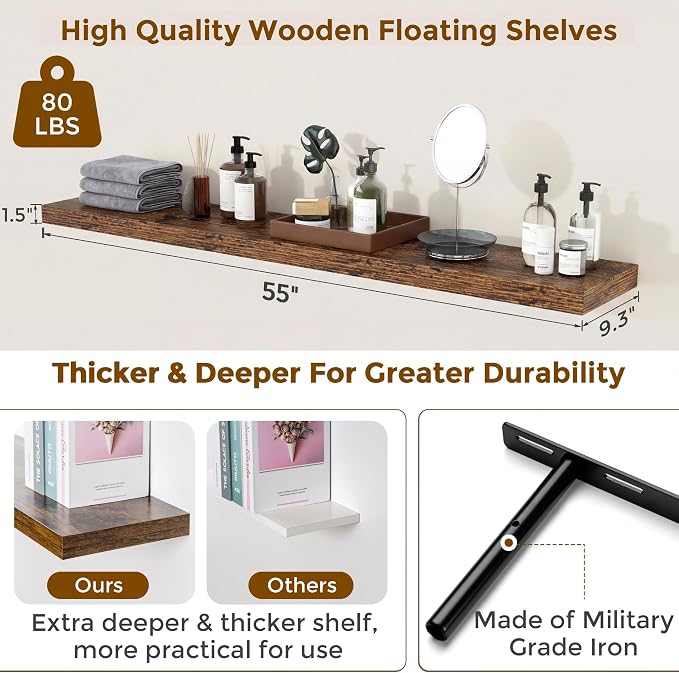 55 inch Floating Shelves for Wall, 9.3in Deep Rustic Shelves Wall Mounted Floating Shelf, Extra Long Wall Shelf for Living Room, Kitchen, Office, Floating TV Stand, 2 Packs