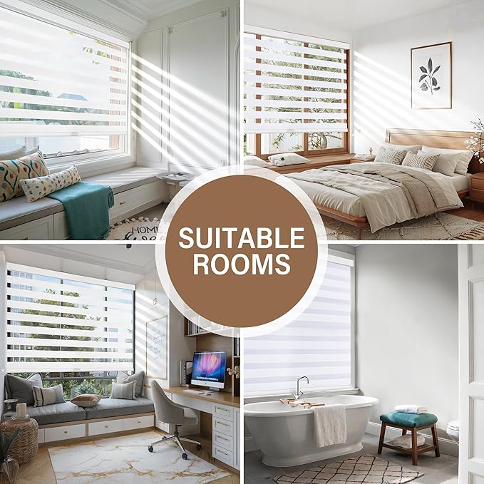 AOSKY Cordless Zebra Blinds for Windows Pull Down Roller Window Shades Dual Layer Light Filtering Privacy for Day and Night, Free-Stop Door Shades for Home Easy to Install (63" W X 72" H, White)