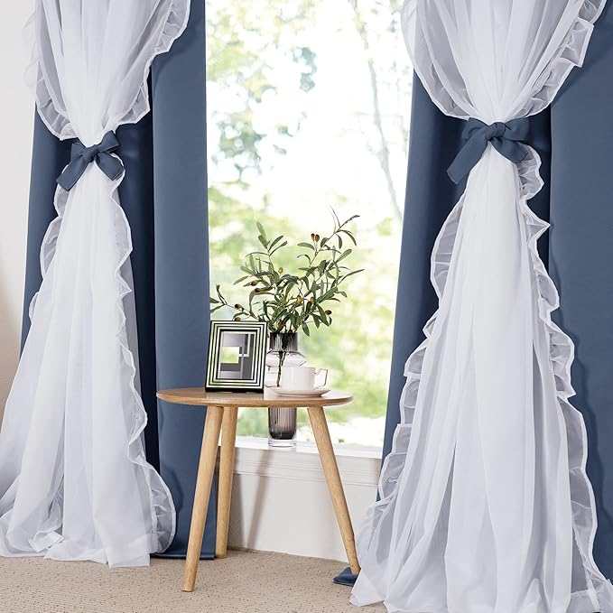 PONY DANCE Double Layer Curtains with Ruffle Sheer Overlay for Whimsical Forest Teen,Shabby Chic Room Darkening Drapes with Tiebacks, 52" Wide x 84" Long, Blue Haze, 2 Panels