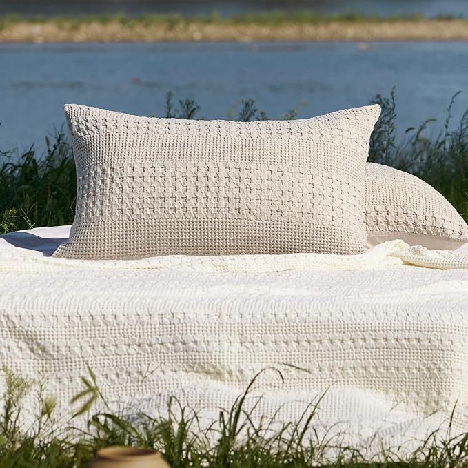 PHF 100% Cotton Waffle Pillow Shams Standard Size, 2 Pack 20" x 26" Soft Skin-Friendly Pillowcases, No Filling, Aesthetic Woven and Breathable Waffle Weave Pillow Case Covers for Bed, Oatmeal