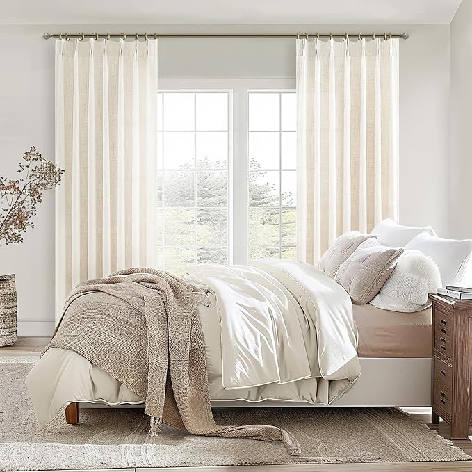 PleatedDrapes 102 Inch Long Curtains for Living Room, Light Filtering Privacy Pinch Pleated Curtain Back Tab for Track System Semi Sheer Drapes Cream Ivory Faux Linen Textured 40" W x 102" L 2 Panels