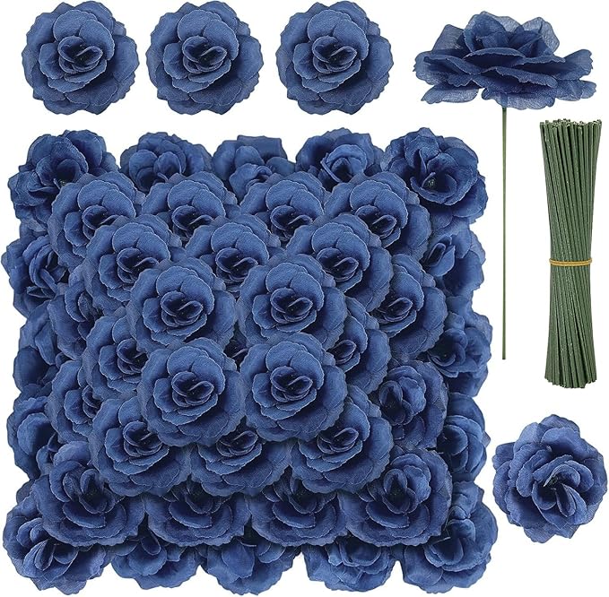 LELEE 108 Pcs Artificial Flowers Fake Silk Roses Long Stem Rose Bouquet Wedding Party Home Decor for DIY Baby Shower Centerpieces Tables Home Decorations(Navy Blue)
