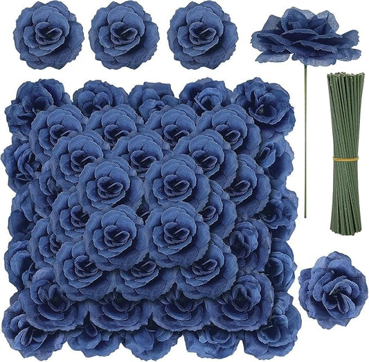 LELEE 108 Pcs Artificial Flowers Fake Silk Roses Long Stem Rose Bouquet Wedding Party Home Decor for DIY Baby Shower Centerpieces Tables Home Decorations(Navy Blue)