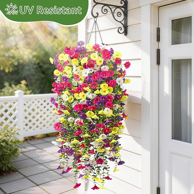 Serwalin Artificial Hanging Flowers for Outdoors UV Resistant, 4PCS Faux Morning Glory Fake Outdoor Flowers Realistic Silk Flower Plants for Outside Planter Front Door Porch Patio Yard Decor