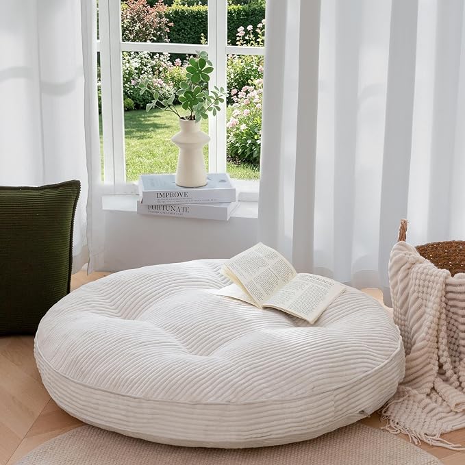 HIGOGOGO 35" Floor Pillow Cushion for Adults, Meditation Cushion Pillow, Extra Large Square Floor Sitting, Tufted Corduroy Cover for Tatami Living Room or Yoga, Beige