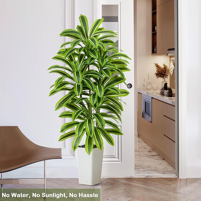 Artificial Yellow Dracaena Tree - 6FT Tall Fake Plants with White Tall Planter - Artificial Plants Indoor Floor Plant in Pot - Large Tropical Fake Yucca Potted Tree for Home Office Living Room Decor