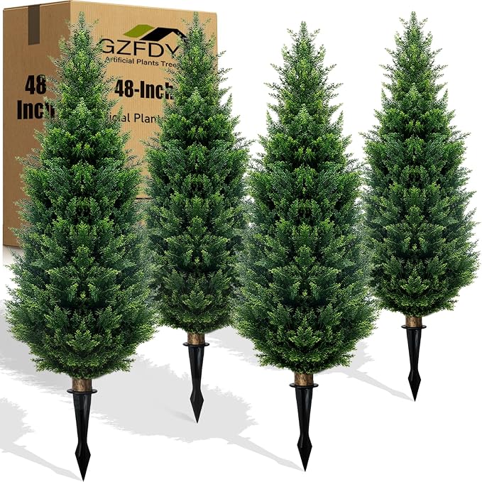 4Ft Artificial Cedar Topiary Trees (4-Pack) - UV Resistant Fake Shrubs with Ground Spike for Outdoor & Indoor Use, Front Porch, Garden Decor