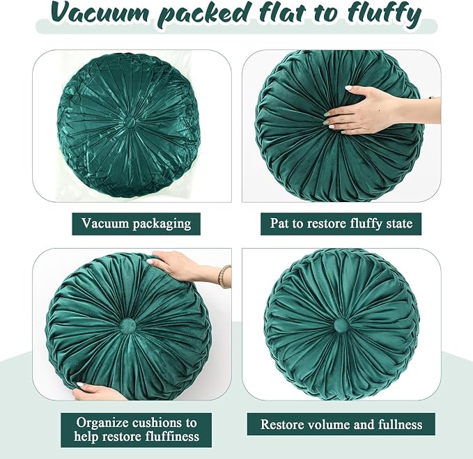 Drydiet 3 Pcs Round Throw Velvet Pillows Decorative Pleated Throw Pillows Diameter Accent Pumpkin Boho Chair Cushion for Couch Sofa Home Decoration (White,Light Green,Green,15'')