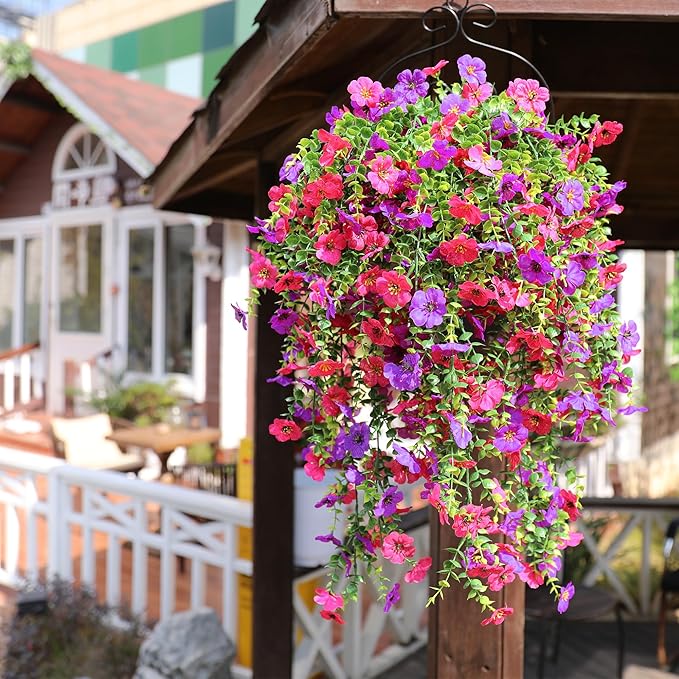 Artificial Flowers for Outdoors Spring Decor, 6 Bundles UV Resistant Realistic Faux Silk Hanging Flowers, Fake Plants for Planter Indoor Outside Garden Porch Patio Balcony Yard(Fuchsia Purple)