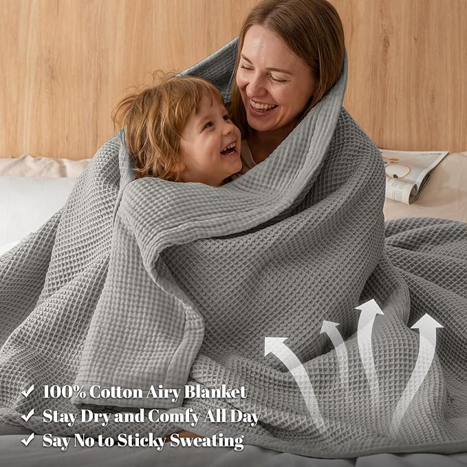 PHF 100% Cotton Waffle & Muslin Throw Blanket Large, Soft Breathable Luxury 400GSM Versatile Reversible Bedding for Couch, Great for Layering in Cold Weather, Home Decor Gift, 50" x 70", Frosted Grey