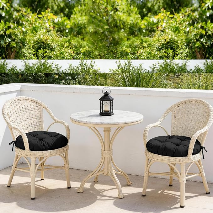 idee-home Outdoor Bistro Chair Cushions Set of 4, Round Seat Cushions | 18”x18”x 6” Thick Outdoor Round Seat Pads Tufted with Ties, Waterproof Patio Furniture Pads for Garden