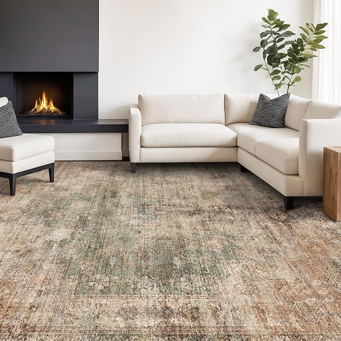 Washable 7x10 Green Brown Area Rug for Living Room Table – Neutral Dark Farmhouse Rug for Dining Room, Vintage Bedroom Under Bed, Non-Slip Stain & Fade Resistant, Vintage Distressed Farmhouse Décor